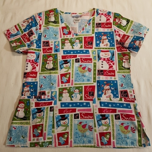 SB Scrubs Tops - S B Scrubs women's size Small snowman scrub top, uniform EUC